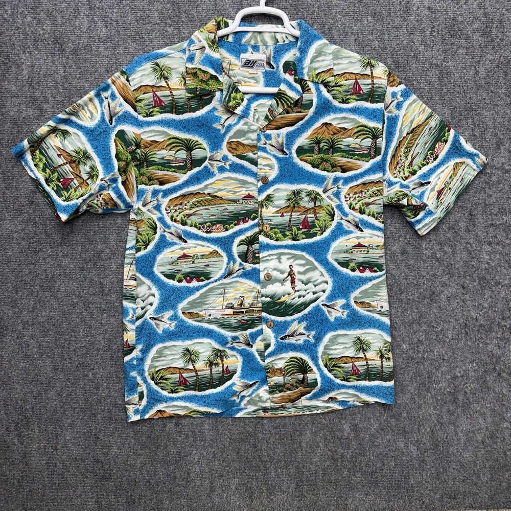 Bull Head Hawaiian Shirt button up men's size Medium blue short sleeve USA
